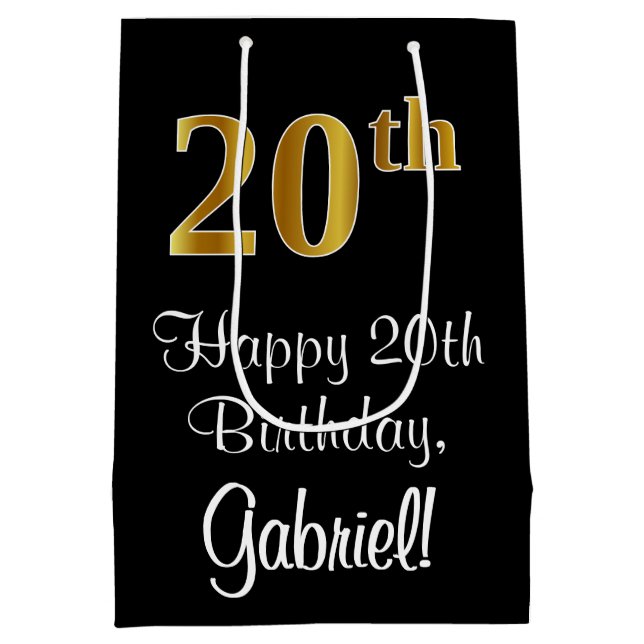 Luxuriös, elegant, Imitate Gold Look 20. Geburtsta Mittlere Geschenktüte (Rückseite)
