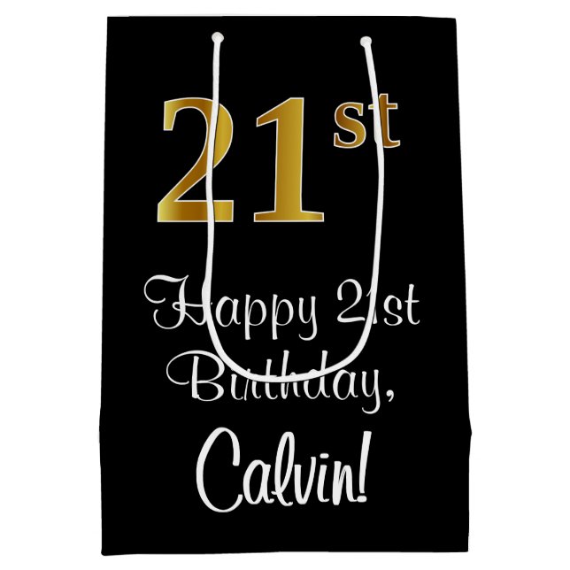 Luxuriös, elegant, Imitate Gold Look 21. Geburtsta Mittlere Geschenktüte (Rückseite)