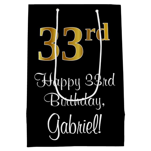 Luxuriös, elegant, Imitate Gold Look 33. Geburtsta Mittlere Geschenktüte (Rückseite)