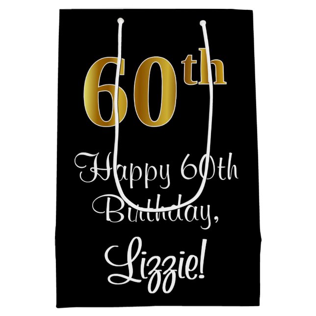 Luxuriös, elegant, Imitate Gold Look 60. Geburtsta Mittlere Geschenktüte (Rückseite)