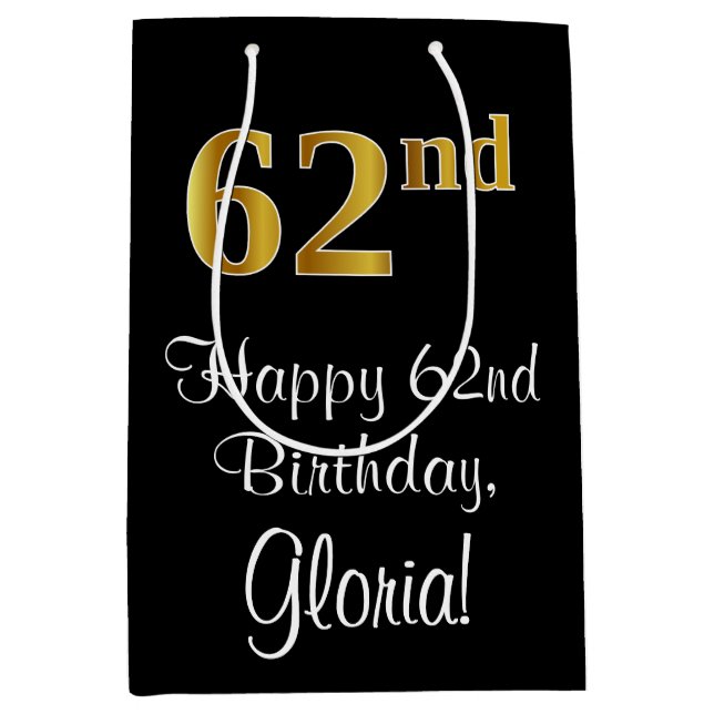Luxuriös, elegant, Imitate Gold Look 62. Geburtsta Mittlere Geschenktüte (Vorderseite)