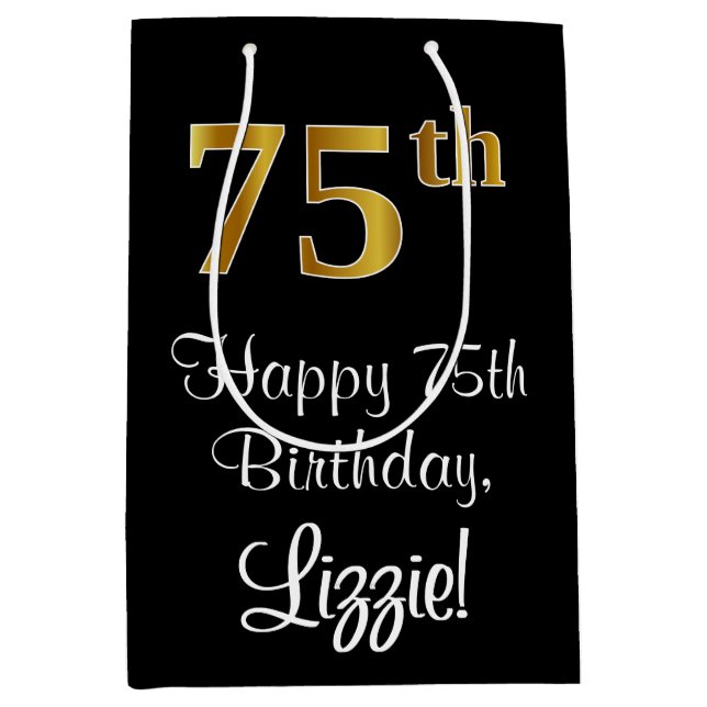Luxuriös, elegant, Imitate Gold Look 75. Geburtsta Mittlere Geschenktüte (Vorderseite)