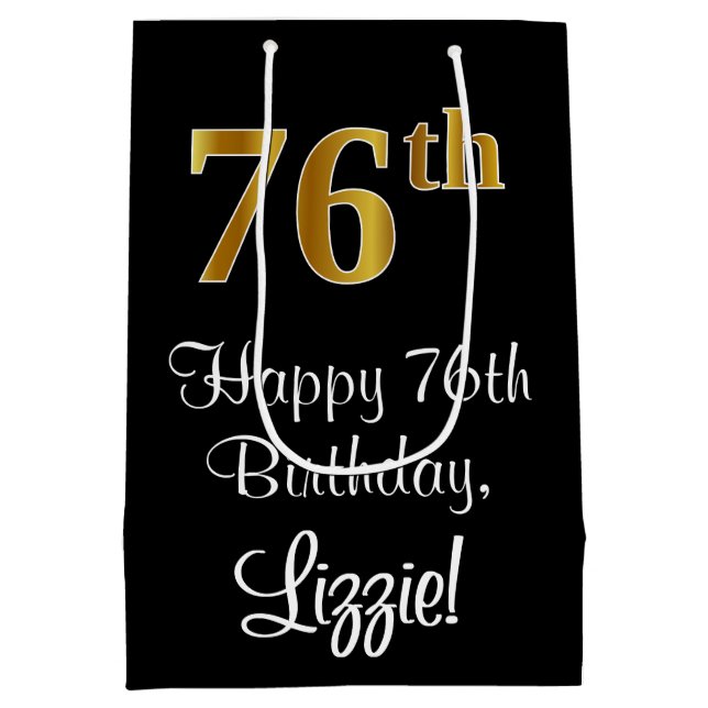 Luxuriös, elegant, Imitate Gold Look 76. Geburtsta Mittlere Geschenktüte (Rückseite)