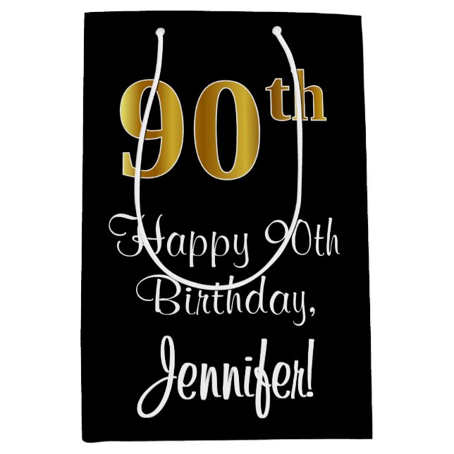 Luxuriös, elegant, Imitate Gold Look 90. Geburtsta Mittlere Geschenktüte (Vorderseite)