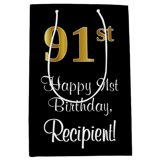 Luxuriös, elegant, Imitate Gold Look 91. Geburtsta Mittlere Geschenktüte (Vorderseite)