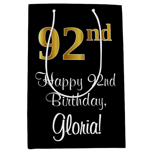 Luxuriös, elegant, Imitate Gold Look 92. Geburtsta Mittlere Geschenktüte (Vorderseite)