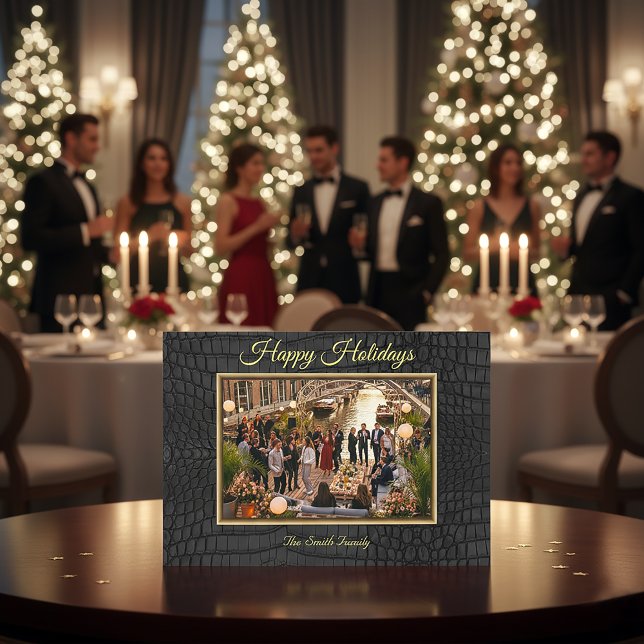 Luxuriös gedruckte falsche schwarze Krokodiltextur Feiertagskarte (Luxury Black Crocodile Print Frame Photo Holiday Card)