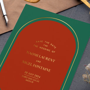 Luxuriös Rot Grün und Gold Save The Date Folieneinladung