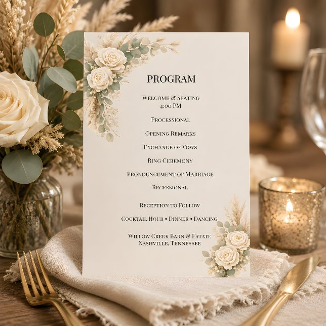 Luxuriös-rustikale Blumen mit Pampasgras Programm (Part of the luxury rustic wedding theme collection, program card)