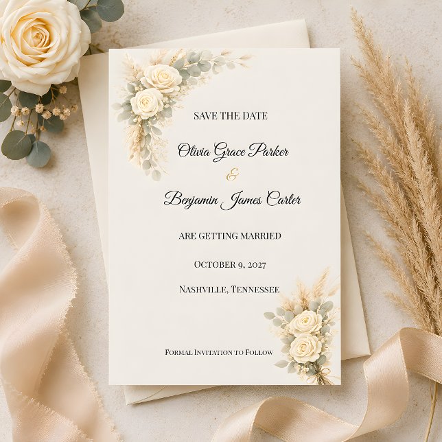 Luxuriös-rustikale Rose mit Pampasgras   Save The Date (Part of the luxury rustic wedding themed collection, save the date card)
