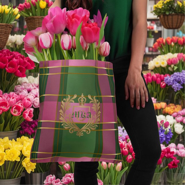 Luxuriös Vornehm Elegant Kariert Monogramm Rosa un (Stylish Pink and Green Monogrammed Plaid Tote )