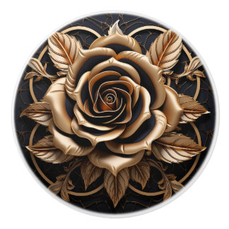 Luxuriöse 3D-Rose aus schwarzem und goldfarbenem K Keramikknauf