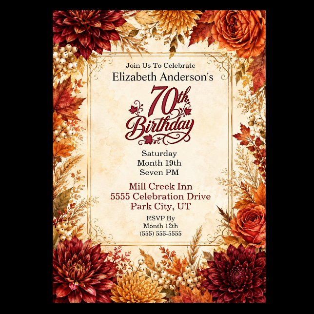 Luxuriöse 70. Geburtstagsfeier im Herbst Einladung (Elegant 70th birthday invitation with burgundy dahlias, orange roses, golden chrysanthemums, autumn )