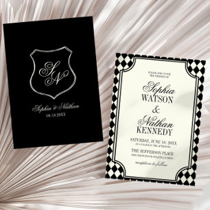 Luxuriöse alte schwarze Vintage-Elfenbein-Hochzeit Einladung