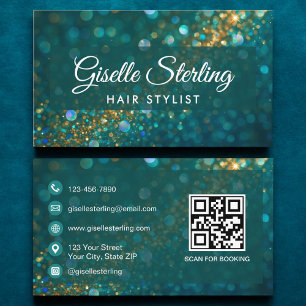 Luxuriöse Aquamarin Gold Glitzer Haar Stylist QR C Visitenkarte