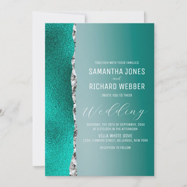 Luxuriöse Aquamarin türkisfarbene Silberne Glitzer Einladung (Vorderseite)