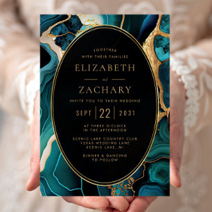 Luxuriöse Aquamarine Agate Gold Oval Frame Wedding Einladung