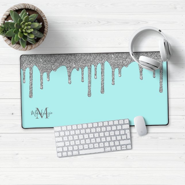 Luxuriöse Aquamarine Silver Sparkle Glitzer Tropfe Schreibtischunterlage (Luxury Teal and Silver Glitter Drips Desk Mat Mouse Pad)