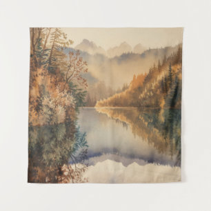 Luxuriöse Aquarell-Herbstlandschaft mit Bergsee Wandteppich