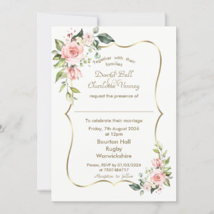Luxuriöse Aquarellfarben Rosa Blume Hochzeit Gold Einladung