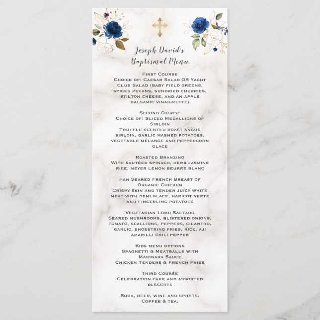 Luxuriöse Aquarelltaufe Navy Blue Gold Floral Tauf Menükarte (Vorderseite)