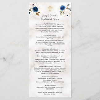 Luxuriöse Aquarelltaufe Navy Blue Gold Floral Tauf Menükarte