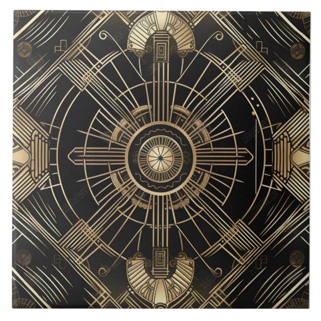 Luxuriöse Art Deco, Black and Gold, Geometrie Fliese (Vorderseite)