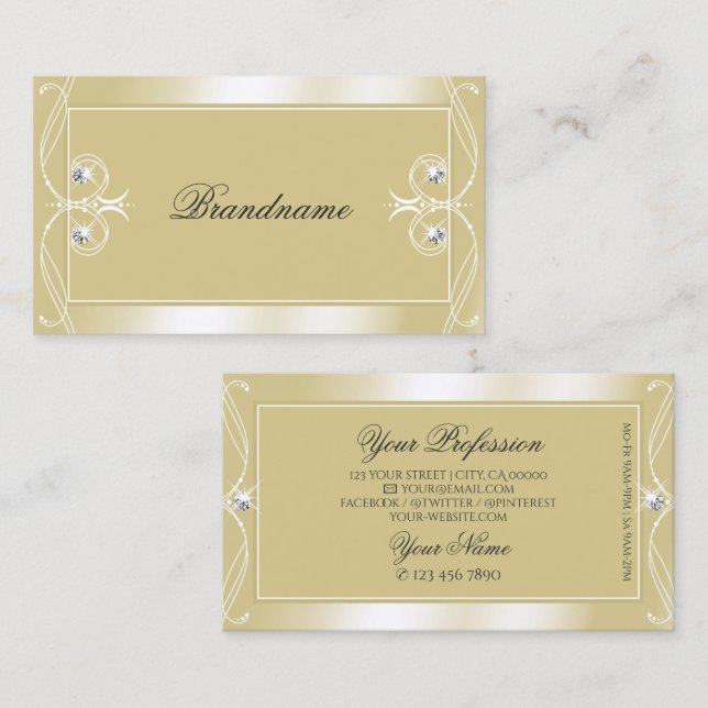 Luxuriöse Beige Creme Sparkle Juwelen Verzierte Or Visitenkarte (Vorne/Hinten)