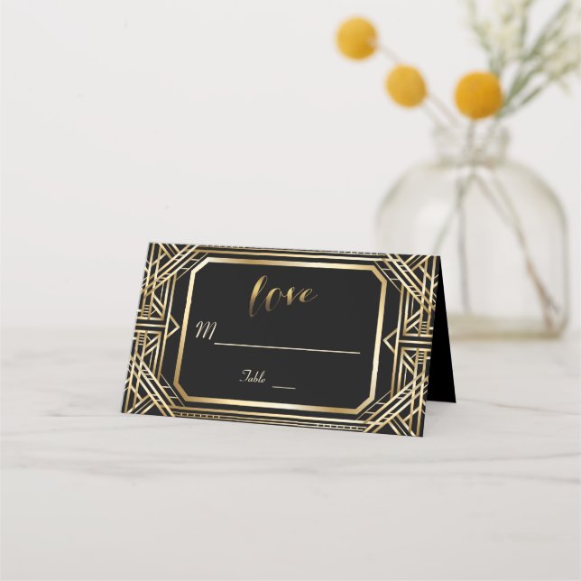 Luxuriöse Black and Gold Great Gatsby Hochzeit Platzkarte (Vorderseite)