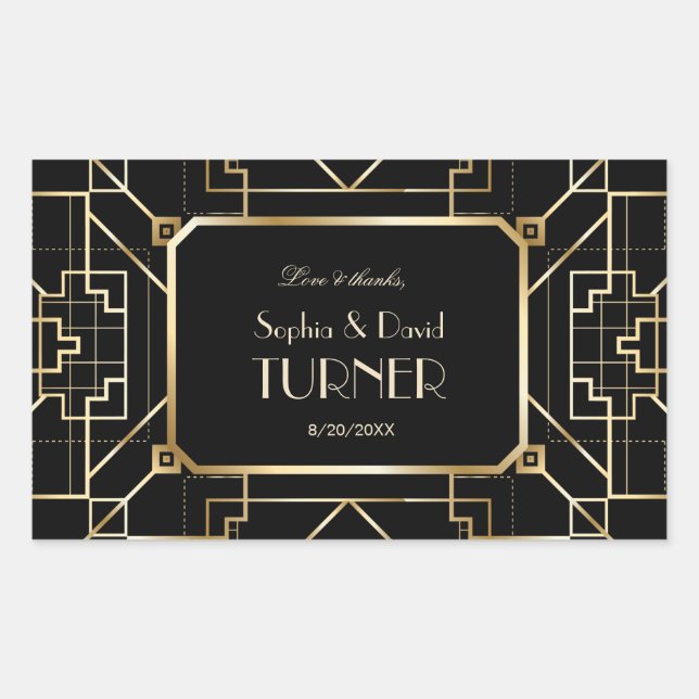 Luxuriöse Black and Gold Great Gatsby Hochzeit Rechteckiger Aufkleber (Vorderseite)