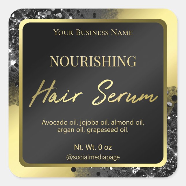Luxuriöse Black Glitzer Gold Hair Serum Labels Quadratischer Aufkleber (Vorderseite)