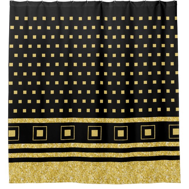 Luxuriöse Black Gold Abstrakt Geometric Squares Duschvorhang (Vorderseite)