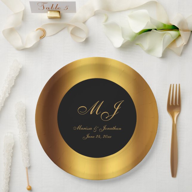 Luxuriöse Black Gold Calligraphy Border Wedding Pappteller (Hochzeit)