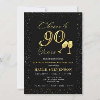 Luxuriöse Black Gold Confetti zum 90. Geburtstag Einladung