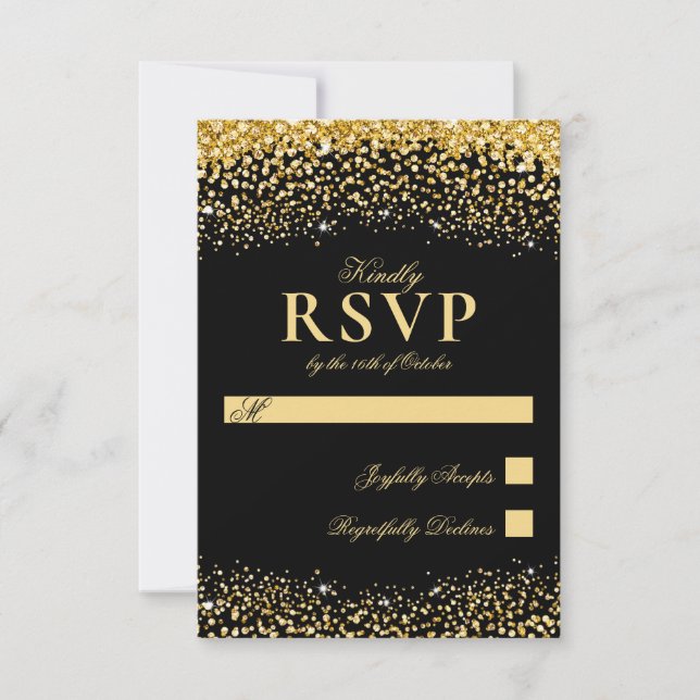 Luxuriöse Black Gold Glitzer Wedding RSVP Card (Vorderseite)