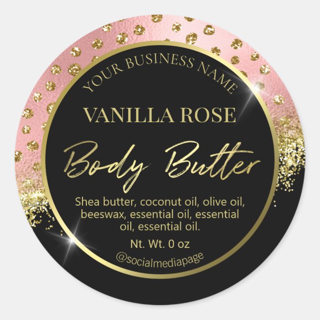 Luxuriöse Black Gold Pink Confetti Body Butter Lab Runder Aufkleber (Vorderseite)