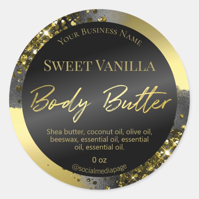 Luxuriöse Black Ink Gold Glitzer Body Butter Label Runder Aufkleber (Vorderseite)