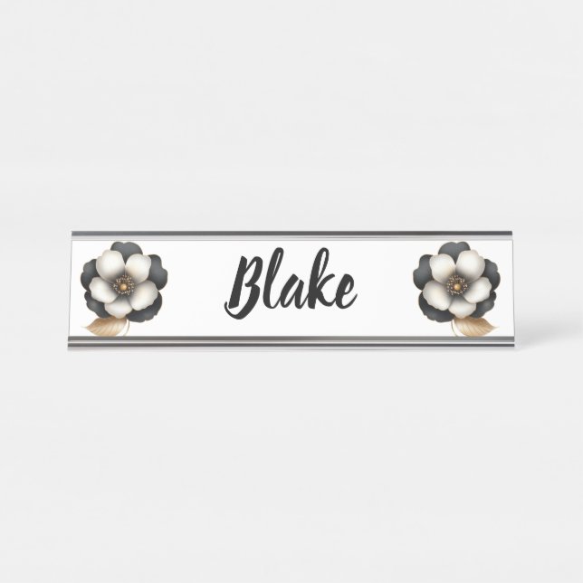 Luxuriöse Black Ivory Floral Name Schreibtischnamensplakette (Vorderseite )