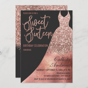 Luxuriöse Black Rose Gold Glitzer Kleid Sweet 16 Einladung