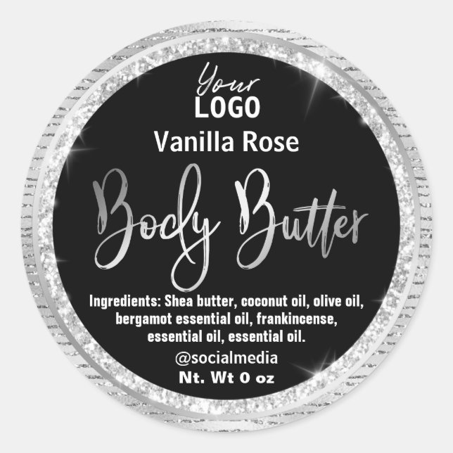 Luxuriöse Black Silver Glitzer Body Butter Labels Runder Aufkleber (Vorderseite)