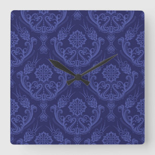 Luxuriöse blaue florale Damasttapete Quadratische Wanduhr