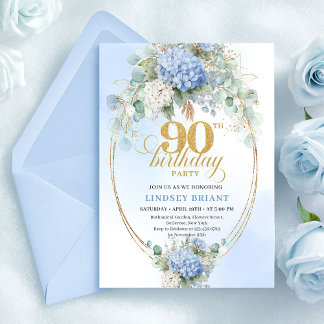 Luxuriöse blaue florale Wasserfarbe 90. Geburtstag Einladung