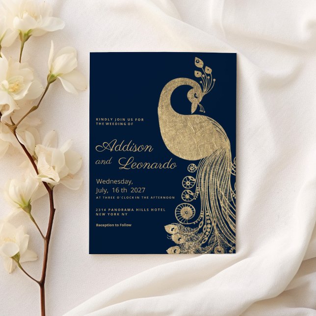 Luxuriöse blaue goldene königliche Pfaue elegante  Einladung (Luxury blue gold royal peacock elegant Wedding )