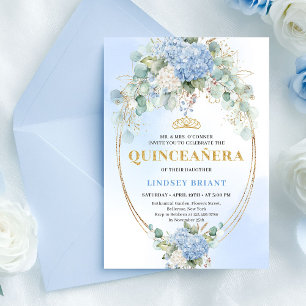 Luxuriöse blaue Hortensien Goldene 15. Geburtstags Einladung