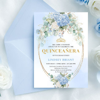 Luxuriöse blaue Hortensien Goldene 15. Geburtstags Einladung