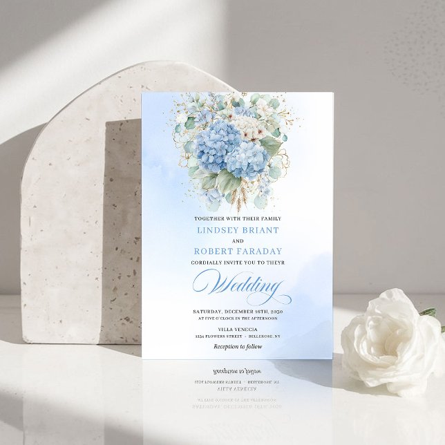 Luxuriöse blaue Hortensien-Goldene Hochzeits-Einla Einladung (Luxury Blue Hydrangea Gold Wedding Invitation)
