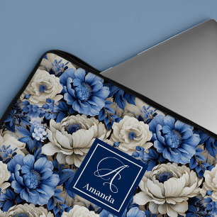 Luxuriöse blaue und elfenbeinfarbene Blumen Elegan Laptopschutzhülle