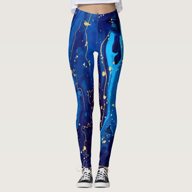 Luxuriöse Blue Gold Marmor Texture Leggings (Vorderseite)