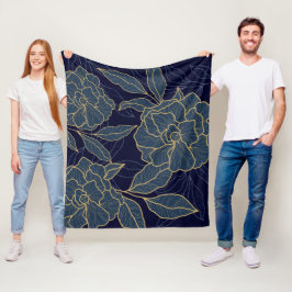 Luxuriöse Blue Navy Gold Blume Fleecedecke