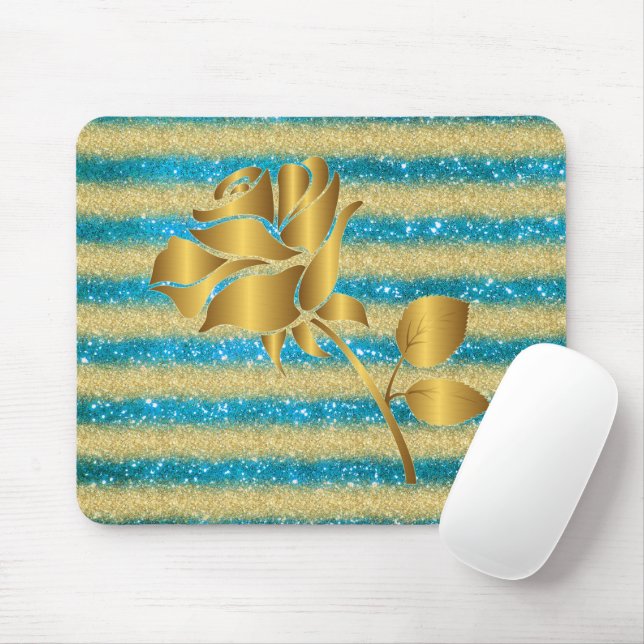 Luxuriöse Blumenblauer Gold Glitzer Geschenk Mousepad (Mit Mouse)